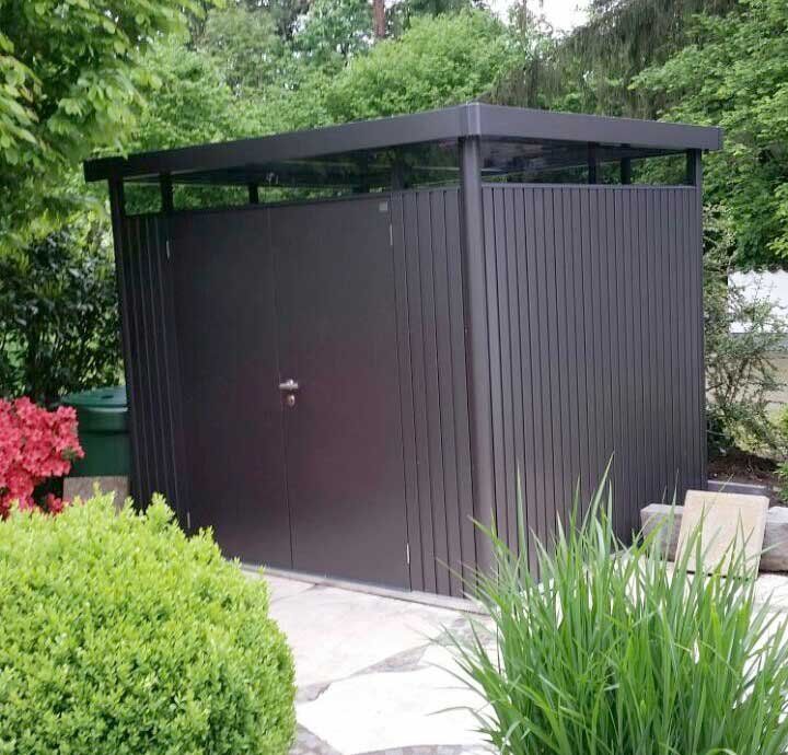 Stilvolle Gartenhütte aus Metall mit Flachdach Biohort Deutschland