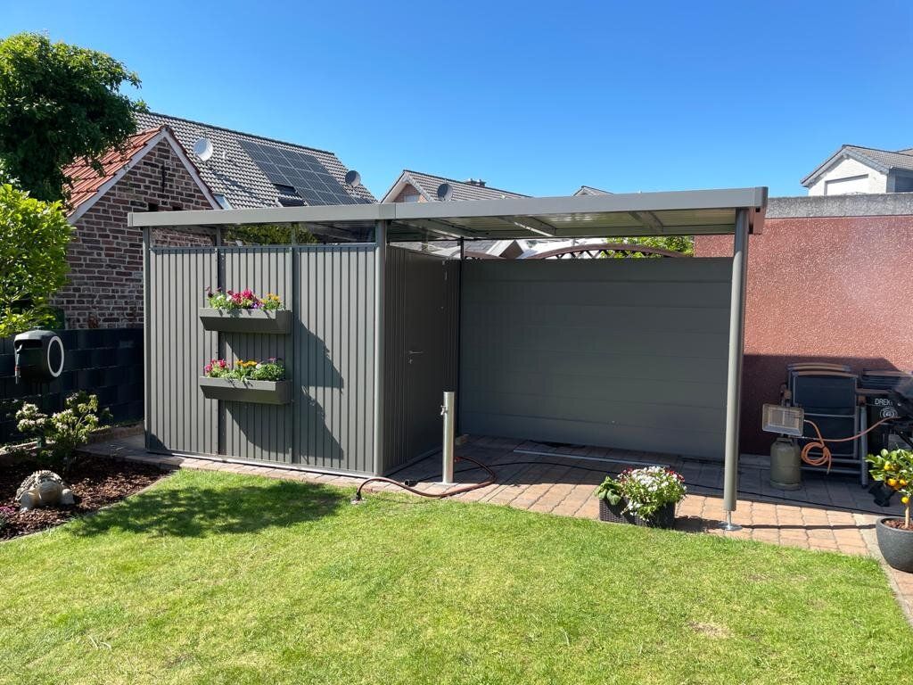 Stilvolle Gartenhütte aus Metall mit Flachdach Biohort Deutschland